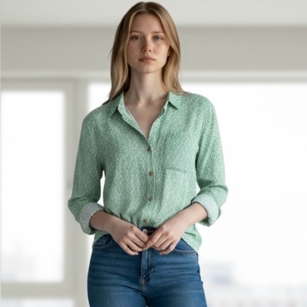 Maeve Anthropologie Womens Button Down Long Sleeve Top Green Collared US Sz 6